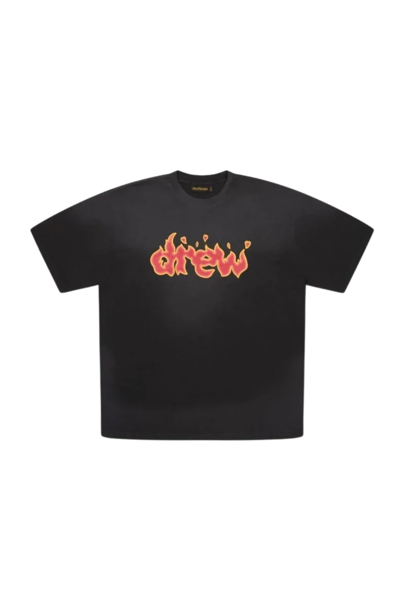 Drew House Fire Lit SS Tee in Black with Vibrant Flame-Style Logo