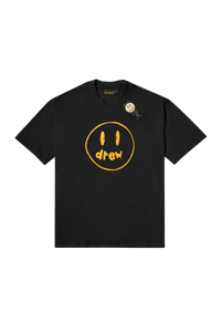Drew House Painted Mascot Tee in black featuring a yellow smiley face design and relaxed fit