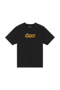 Drew House Secret SS Tee in black with bold yellow 'drew' logo for casual style