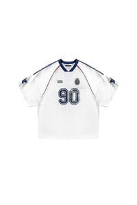 Masonprince 90s star mesh tee white short sleeve jersey with navy blue stars and number 90