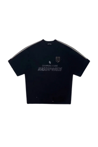 Masonprince Champion League Tee in black with graphic logo and stripe detail on sleeves