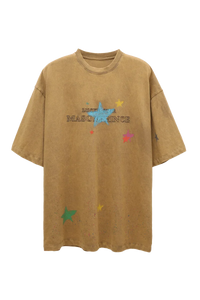 Masonprince colorful star tee with distressed brown fabric and vibrant multicolor star prints