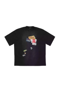 Black Masonprince patchwork tee with colorful stitched patches on front for casual wear