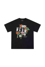 MEDM Curved Flower Print Tee featuring a vibrant floral design on a black background