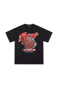 MEDM SS24 Chocolate Pudding Dessert Tee featuring a bold graphic design on a black background