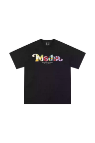MEDM SS24 Flower Patch Embroidery Tee in black featuring colorful embroidered logo design