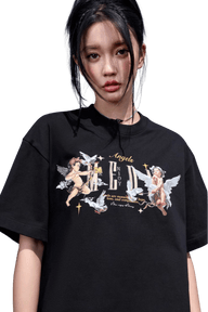 MEDM SS24 Retro Metallic Angel Tee featuring angel graphics on a black oversized shirt