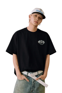 Men's MEDM SS25 Floral Felt Embossed Tee in Black, styled for a casual look.