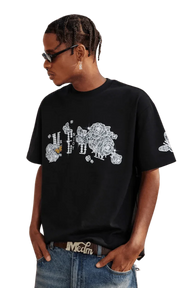 Stylish black MEDM SS25 Laced Rhinestone Tee featuring floral designs and comfortable fit
