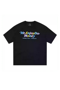 MEDM SS25 Macaron Velvet Embossed Tee in black featuring colorful logo from Mr Enjoy Da Money