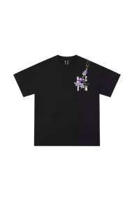 MEDM Vine Flower Embroidery Tee in black featuring unique floral design on the chest