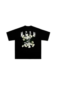 Black MEDM White Rose Embroidery Tee with white rose design and stylized text on the back