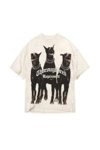 Represent Thoroughbred Tee featuring a graphic of three dogs on a white background