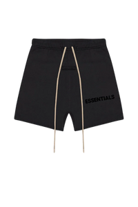 Fear Of God Essentials SS23 Rubber Embossed Shorts in black with adjustable drawstring and logo detail
