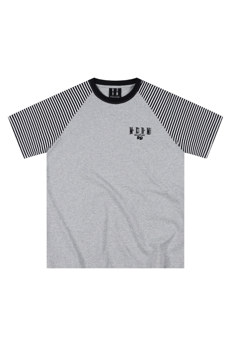 MEDM Stripe Raglan Embroidered Logo Loose T-shirt Men