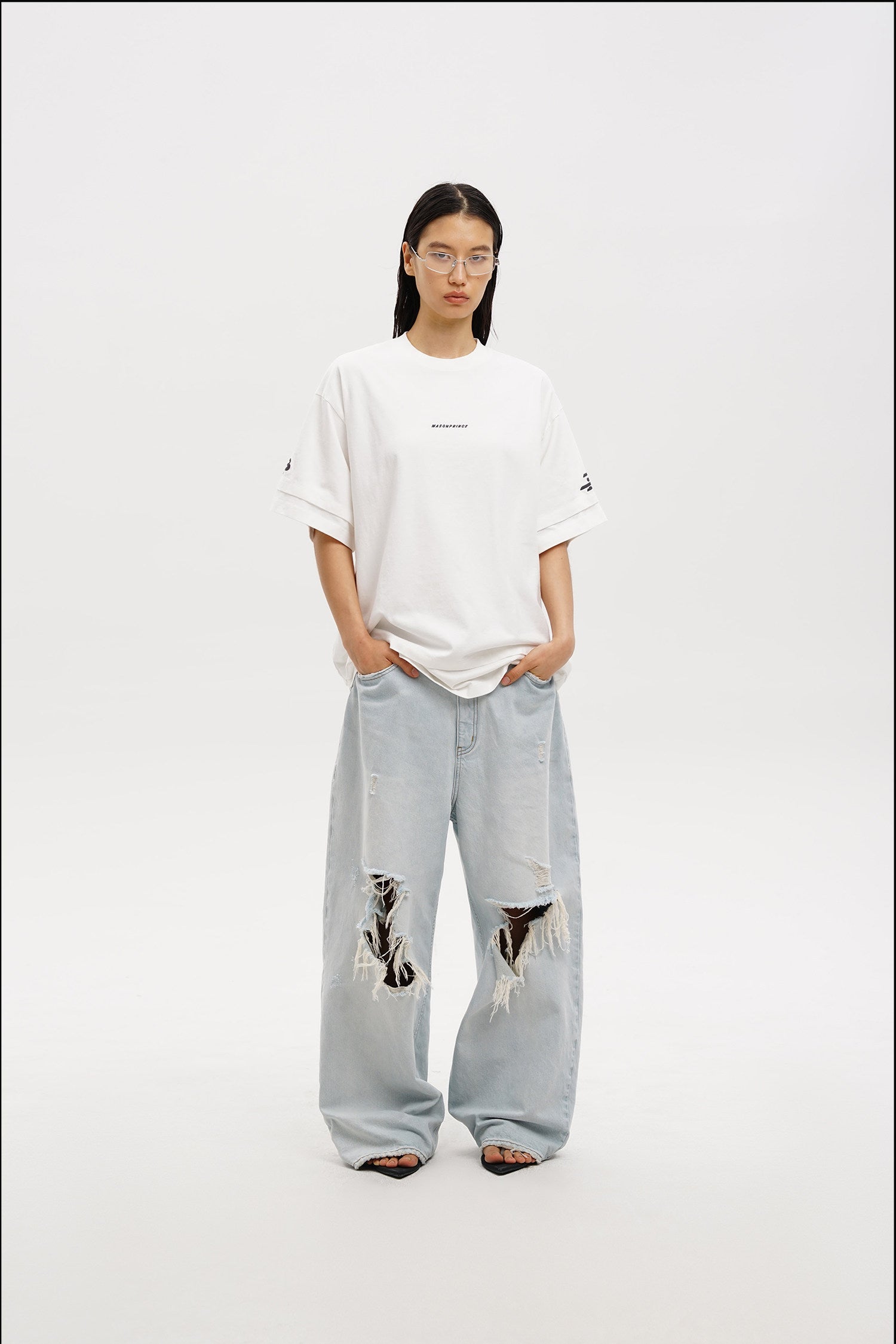 Masonprince  Double Golden Divide Knitted Round-Neck Short T-Shirt