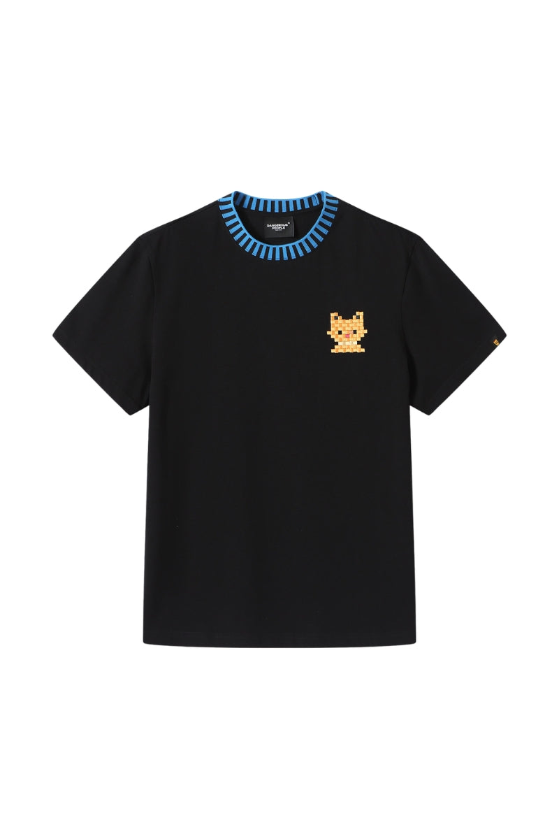 DangerousPeople DSP｜Striped Color Block Cat Embroidery Loose Short Sleeve Tee