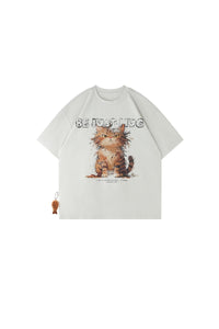 BJHG No‑Spoil Series Cat Print True‑Shoulder Fitted Tee Unisex Summer Couple Top