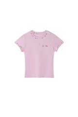 BJHG Women Colorful‑Embroidery Knitted Short‑Sleeve Tee, Set‑in‑Shoulder Slim‑Fit Top