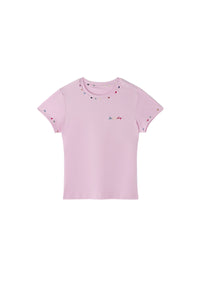 BJHG Women Colorful‑Embroidery Knitted Short‑Sleeve Tee, Set‑in‑Shoulder Slim‑Fit Top