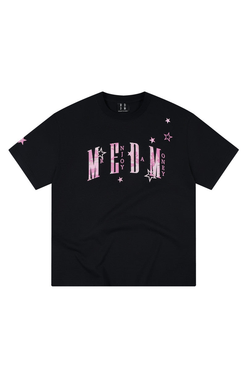 MEDM Relaxed Fit Camouflage Letter Rhinestone Streetwear Tee