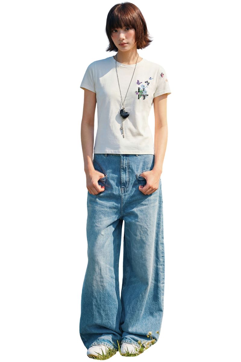 MEDM 3D Butterfly Magnolia Embroidered Oversized Couple Crew Neck T-Shirt