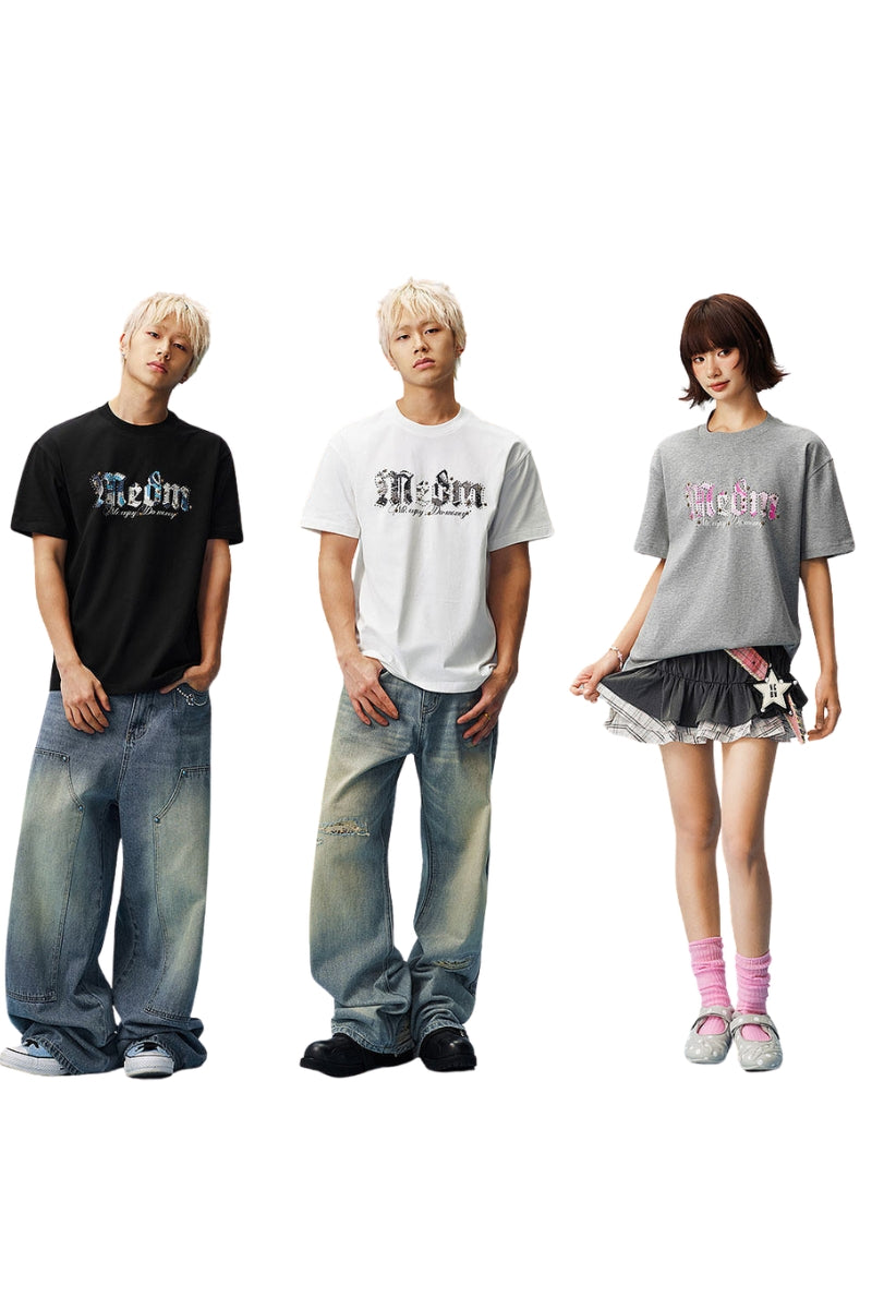 MEDM Star Beaded Camo Oversized Couple Summer Tee