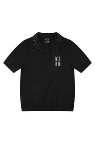 MEDM Casual Loose Fit Sequin Polo Collar Women's Tee