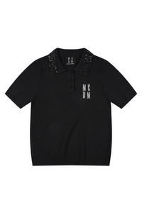 MEDM Casual Loose Fit Sequin Polo Collar Women's Tee