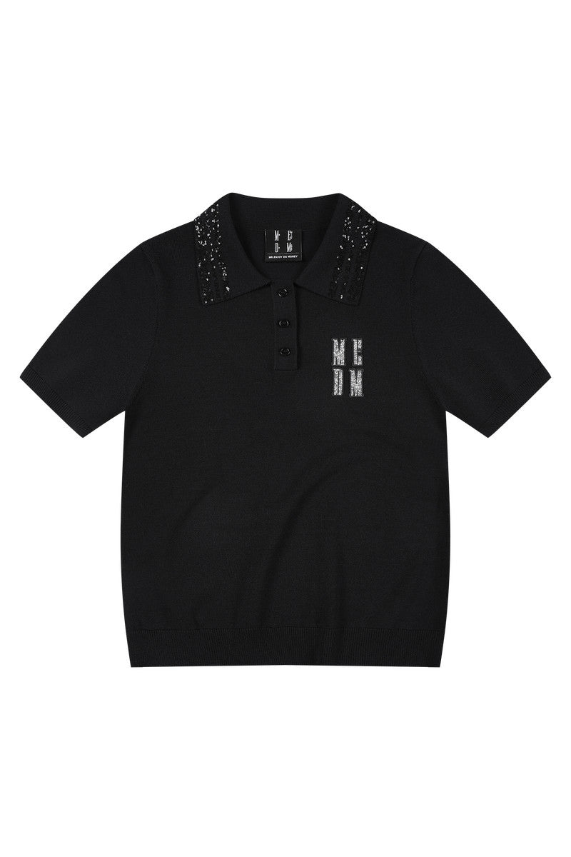 MEDM Casual Loose Fit Sequin Polo Collar Women's Tee