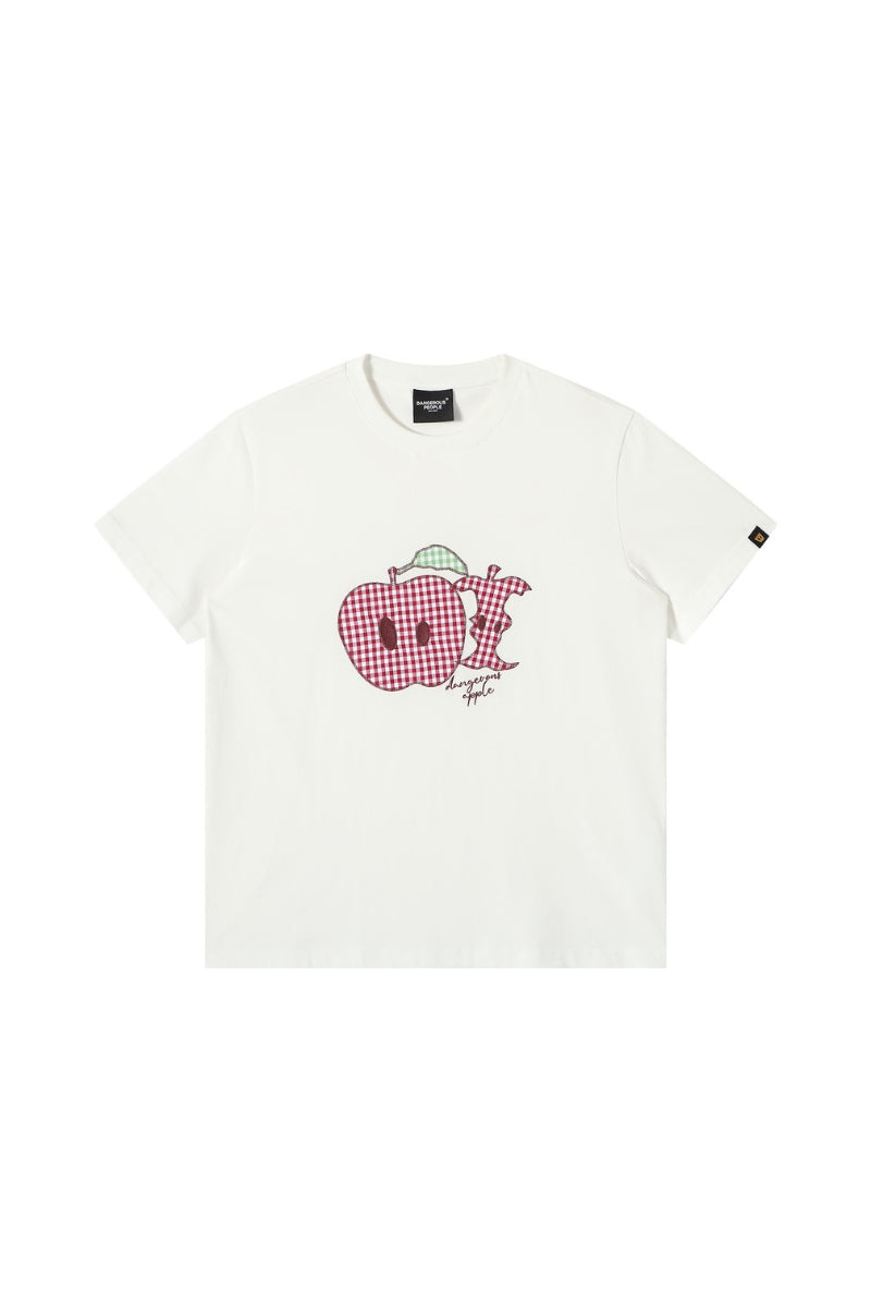 Dangerouspeople DSP Asymmetrical Eye Plaid Patch Fruit Print Casual Tee