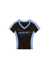 BJHG Women Retro V‑Neck T‑Shirt Summer Slim Waist Casual American Streetwear Top