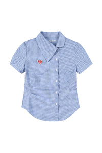 MEDM Heart Embroidery Plaid Cropped Shirt Women Slim Short Sleeve Top