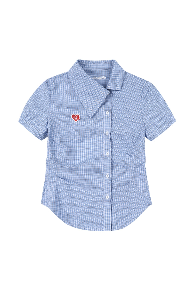 MEDM Heart Embroidery Plaid Cropped Shirt Women Slim Short Sleeve Top
