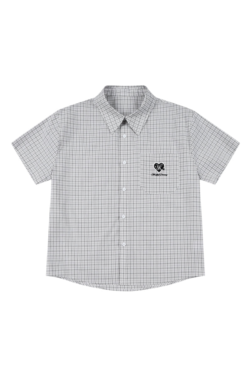 MEDM Heart Brush Embroidery Plaid Loose Short Sleeve Shirt
