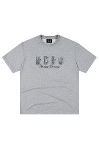 MEDM Vintage Denim Patch Rhinestone Crew Neck Tee