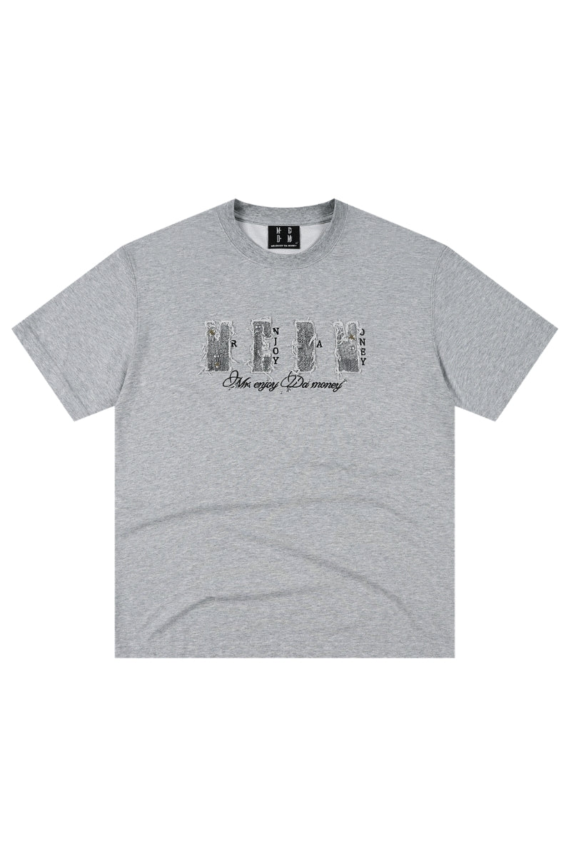MEDM Vintage Denim Patch Rhinestone Crew Neck Tee