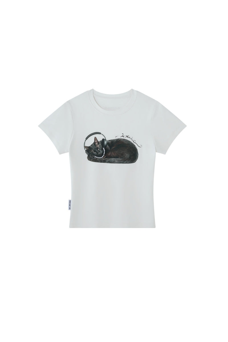 BJHG Women's Lazy Cat Straight‑Shoulder Tee