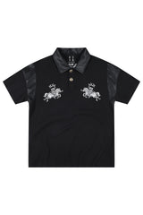 MEDM Letter Embroidered Waffle Spliced Leather Polo T-Shirt