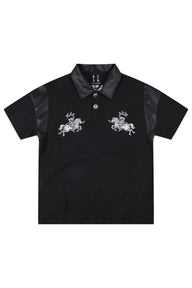 MEDM Letter Embroidered Waffle Spliced Leather Polo T-Shirt