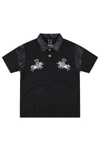 MEDM Letter Embroidered Waffle Spliced Leather Polo T-Shirt
