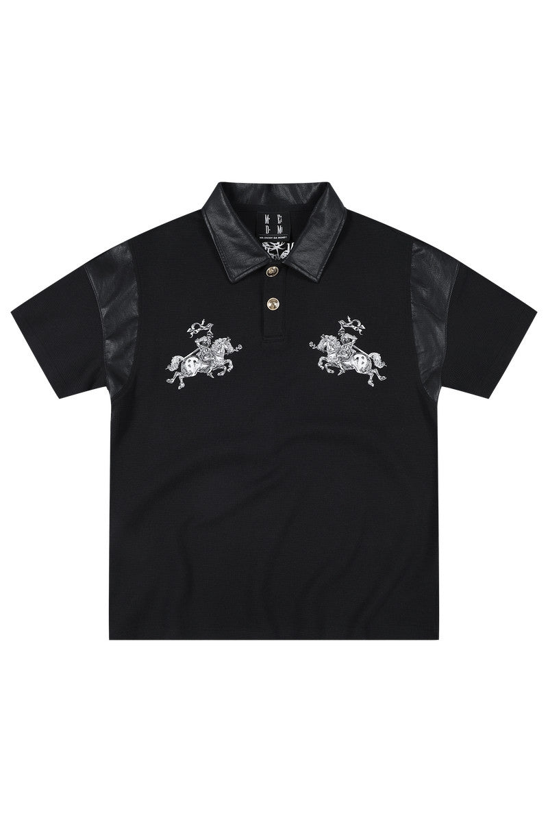 MEDM Letter Embroidered Waffle Spliced Leather Polo T-Shirt