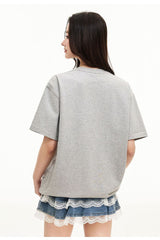 MEDM Contrast Patch Embroidered Logo Oversized Couple Crew Neck Short Sleeve T-Shirt