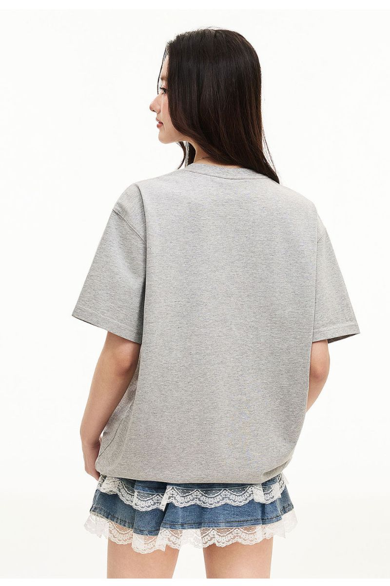MEDM Contrast Patch Embroidered Logo Oversized Couple Crew Neck Short Sleeve T-Shirt