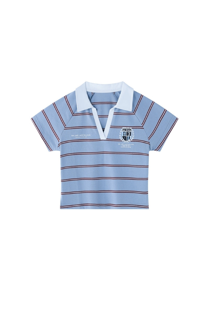 BJHG Summer New Women Cotton T‑Shirt Preppy Style Striped V‑Neck Slim Fit Fashion Top