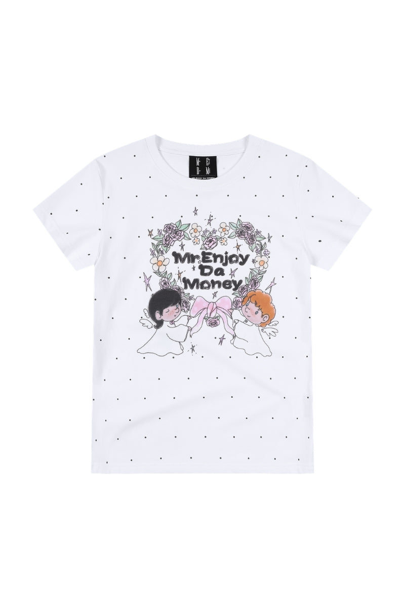 MEDM White Wreath Angel Print Polka Dot Loose Women Tee