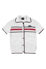 MEDM 2026 Striped Mesh Knit Collared Short Sleeve Top