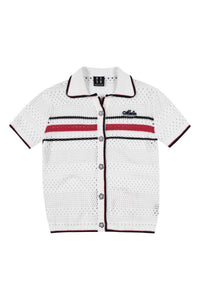 MEDM 2026 Striped Mesh Knit Collared Short Sleeve Top
