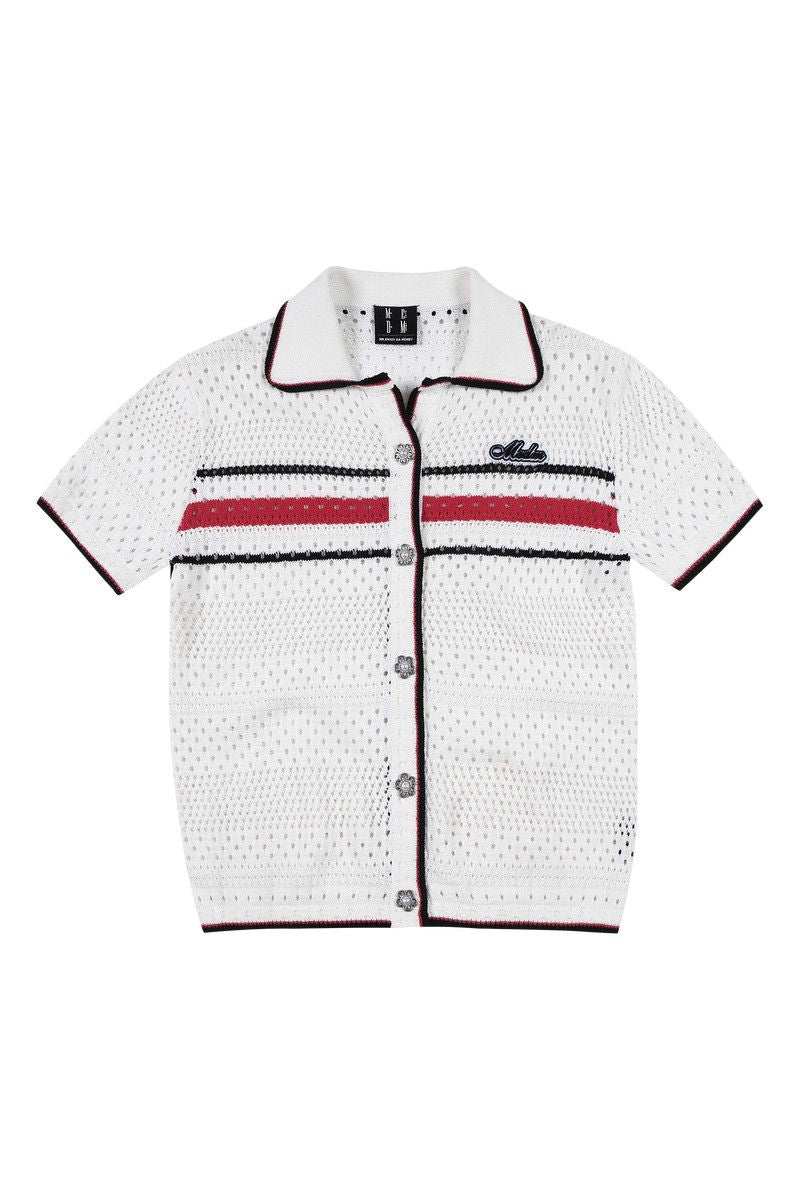 MEDM 2026 Striped Mesh Knit Collared Short Sleeve Top