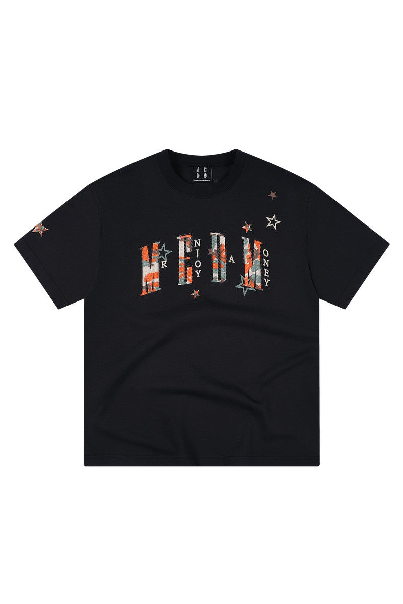 MEDM Relaxed Fit Camouflage Letter Rhinestone Streetwear Tee